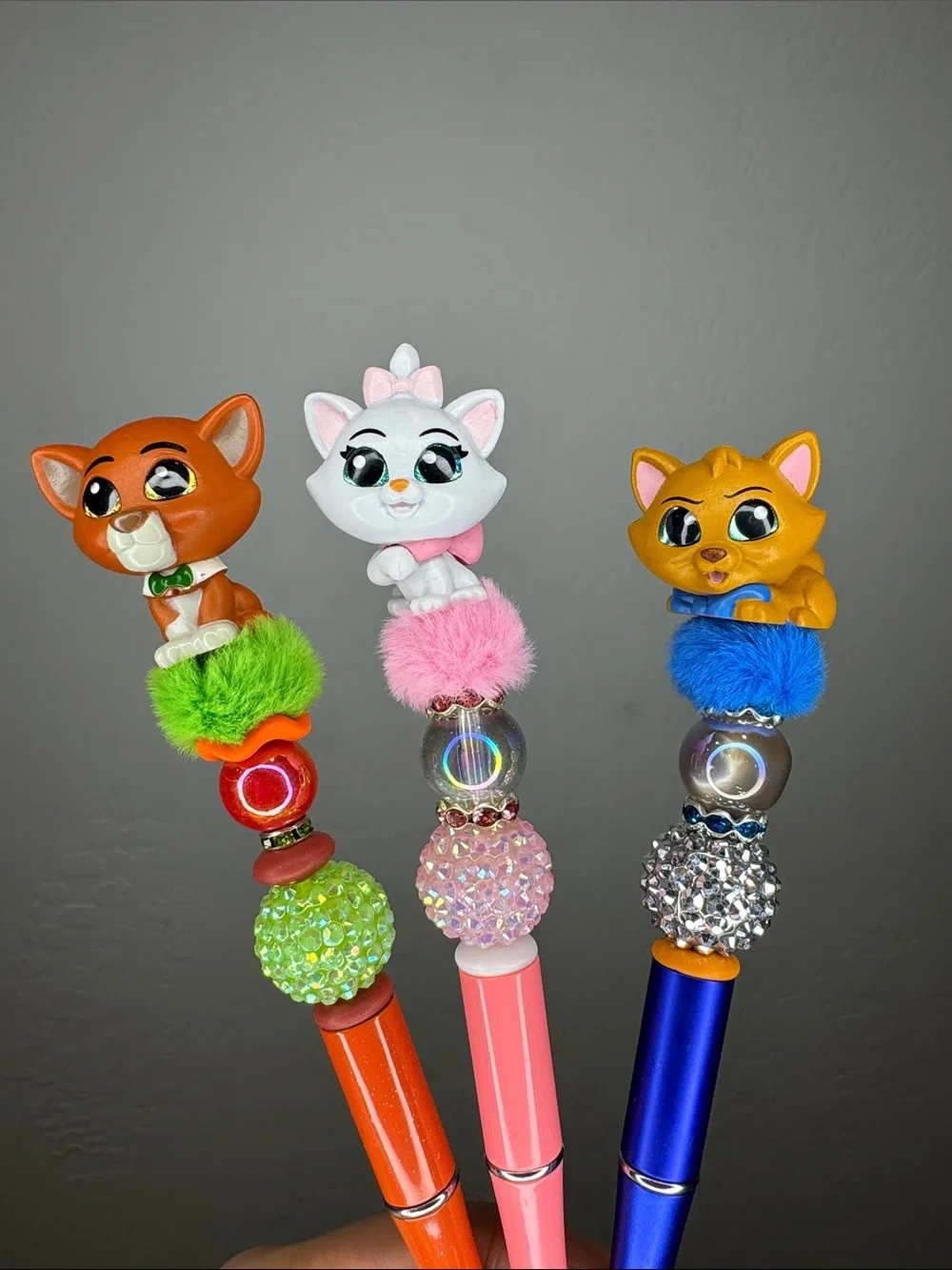 Cute Cat Pom-Pom Ballpoint Pen Set - Pink, Orange, Blue
